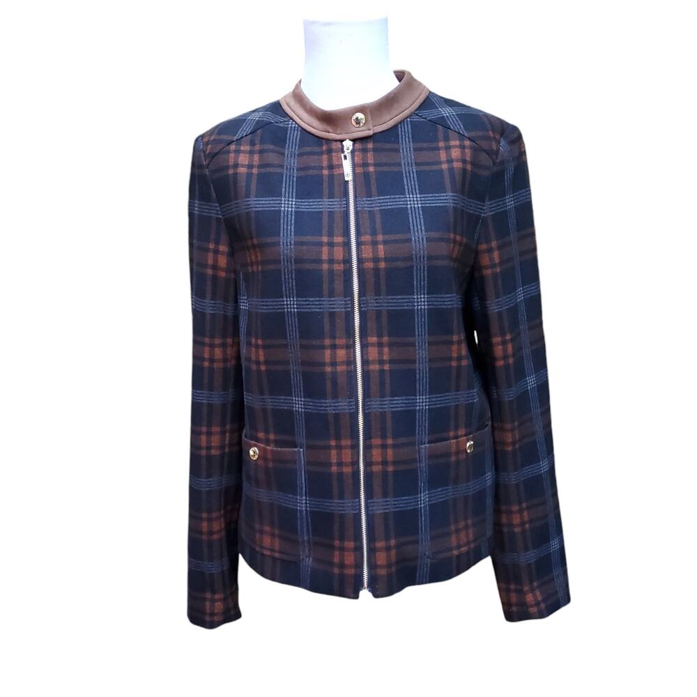 Tommy Hilfiger Blue Brown Plaid Zipper Front Jacket Sz 8